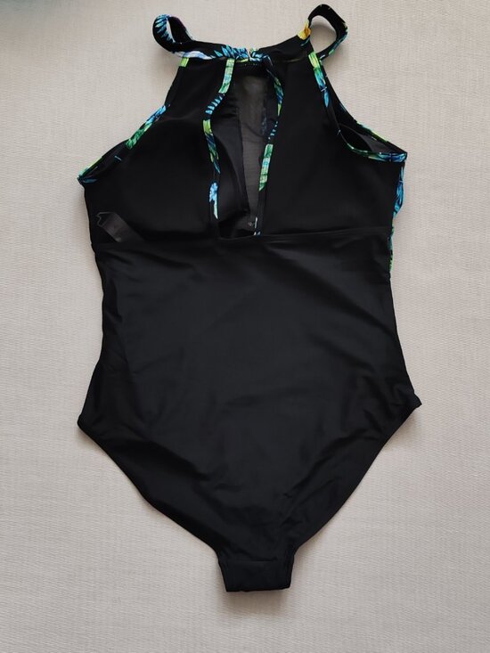 NWOT Tropical Leaf Print Mesh One-Piece Swimsuit - High Neck Cutout XL Black - Picture 4 of 9